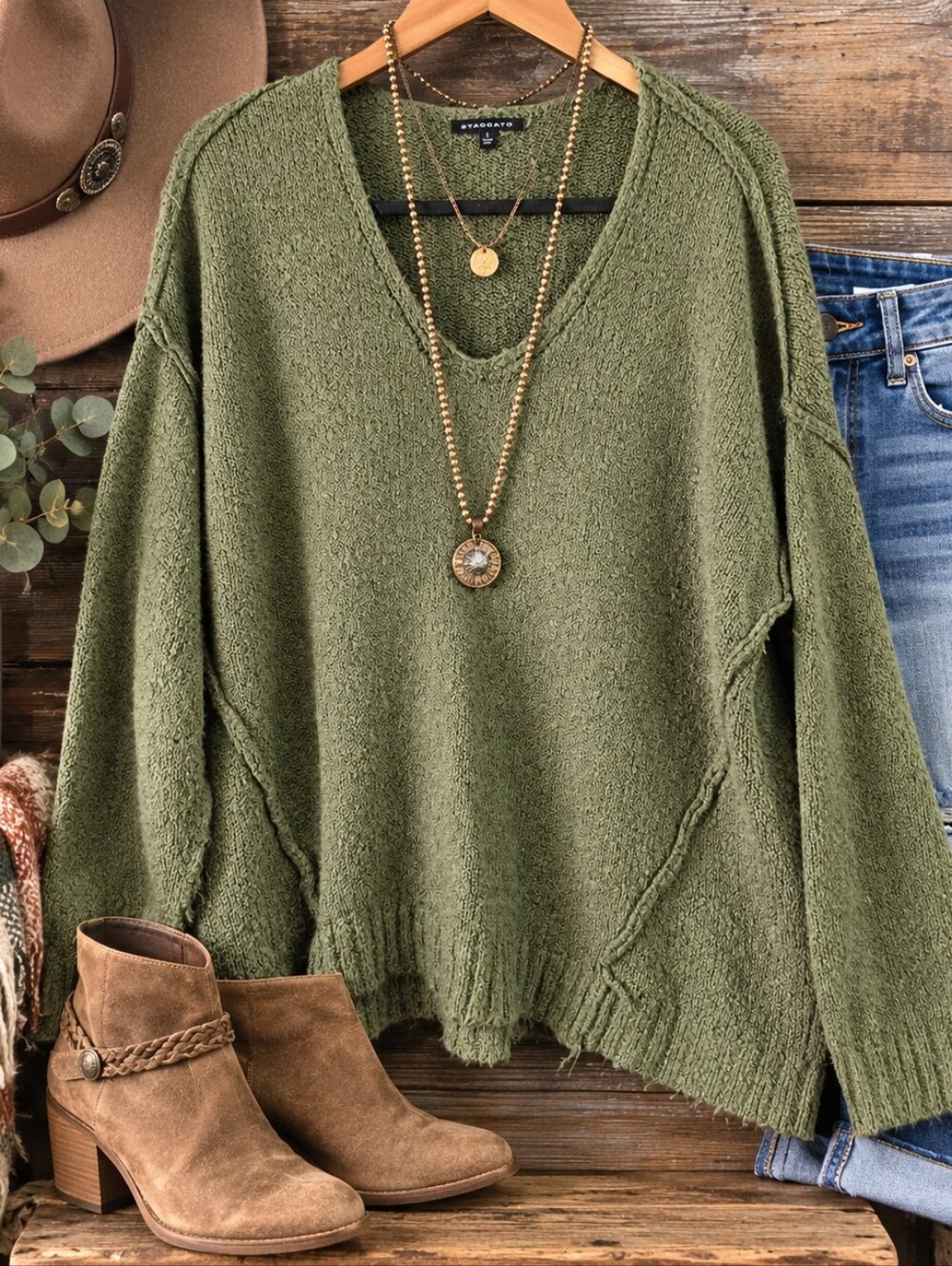 Staccato Olive Green Oversized V-Neck Textured Knit Sweater Large